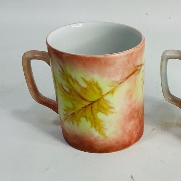 Set Of 2 Handpainted Watercolor Autumn Leaf & Poinsettia Coffee Mugs. Signed - Picture 6 of 7